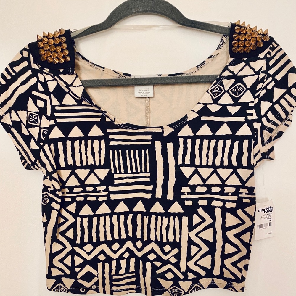 Tribe print crop top with gold studded shoulders